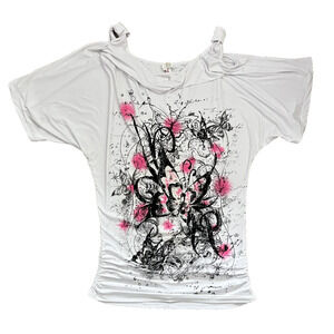 Women's Capricho Size XL Y2K Floral White Tee Shirt Cold Shoulder Rhinestones